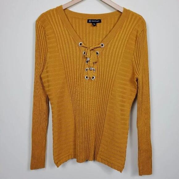 INC International Concepts Lace Up Ribbed Knit Top Yellow Petite XL Long Sleeve - Picture 1 of 9